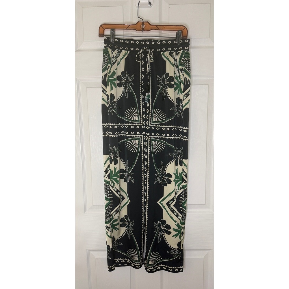 Rachel Zoe Wide Leg Pants Womens XS Black Green Scarf Print Beaded Tassel Boho